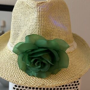 Women’s Straw Fedora Hat with Green Flower Accent